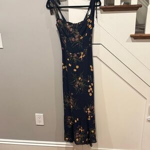 Reformation Navy Floral Midi Slip Dress with Tie Straps
